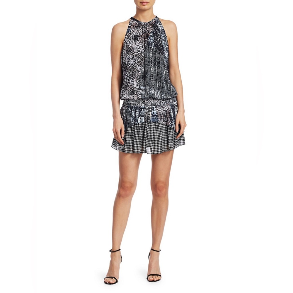 NWT / Ramy Brook Monae Python Houndstooth Print Mini Silk Halter Dress / Size L